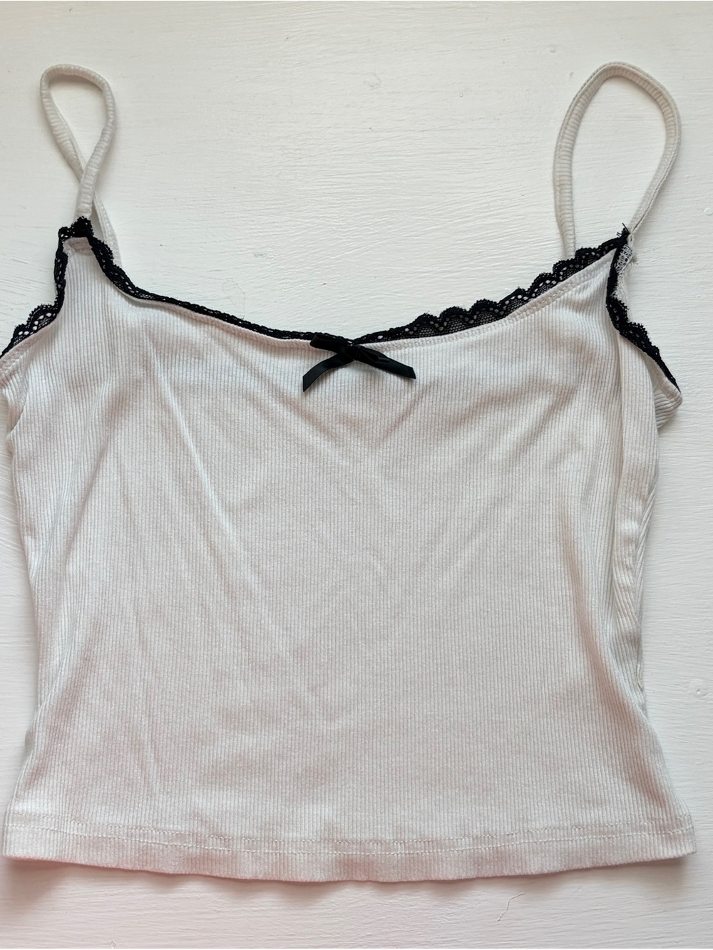 White Ribbed Cami with Black Lace Trim